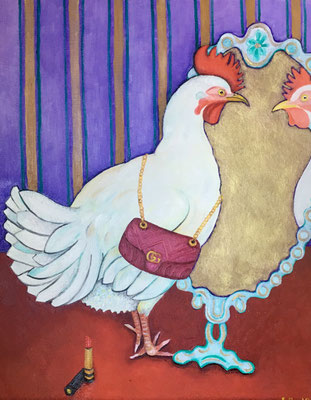 Verkauft.Huhn, Gucci-Tussi.Öl auf Leinwand, © Sonja Rieser 2019