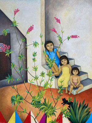 Drei Mädchen auf der Treppe Öl auf Leinwand. 120x160 cm. ©Sonja Rieser 2023