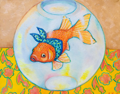 Verkauft.Goldfisch, Hermès im Aquarium.Öl auf Leinwand, © Sonja Rieser 2019