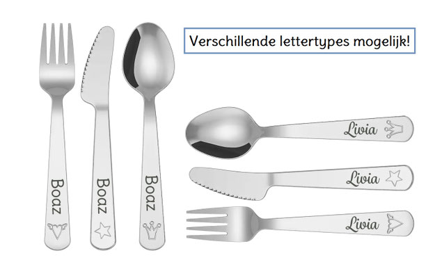 €17,95 Bestekset rvs met naam gegraveerd. Dit besteksetje is vaatwasbestendig