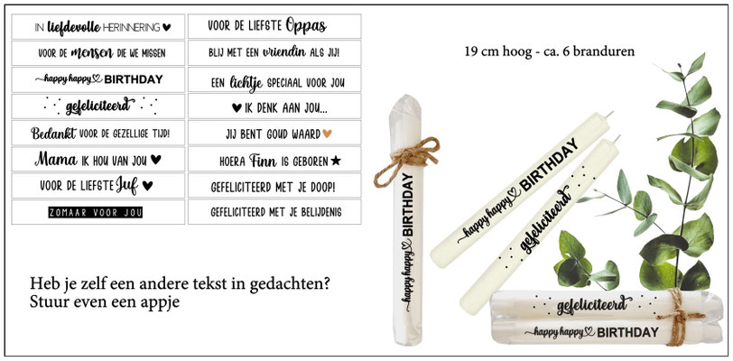 Dinerkaars : 1 voor €3,00, set van 2 kaarsen €5,50 