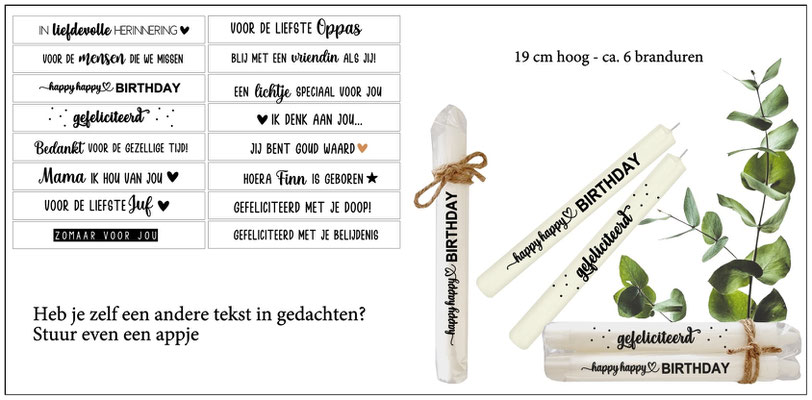 Dinerkaars : 1 voor €3,00, set van 2 kaarsen €5,50 