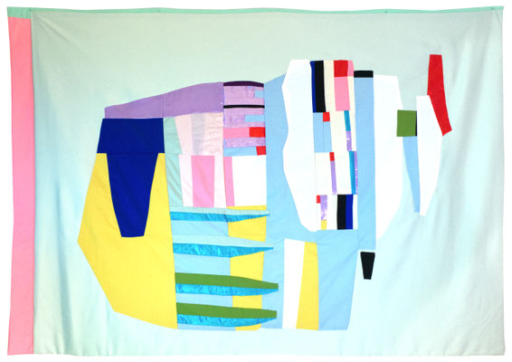 die erde als scheibe, 2021, 140 x 200 cm,  Applikation und Stickerei auf Tuch 