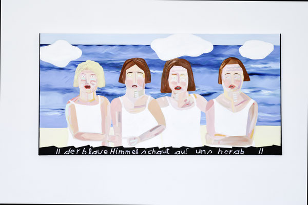 to face a modern problem / beachgirls I, 2019, Ölfarbe auf Leinwand, 80 x 160 cm