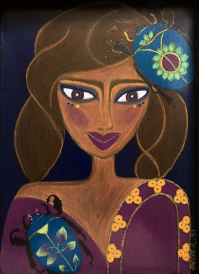 Femme aux coléoptères bleus, néocolor sur bois.©SaëlleK.
