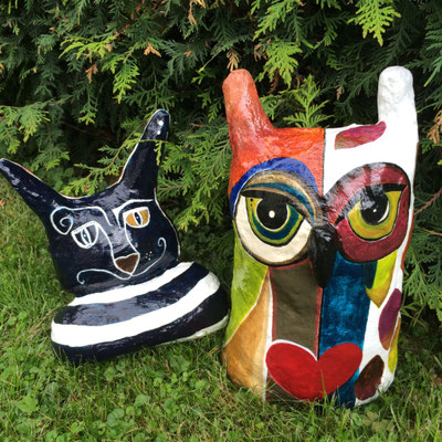 Hibou et chat marin. Fibre de verre et résine. ©Saëlle Knupfer 2016