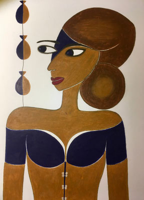 Femme aux poissons, néopastel sur carton ©Saëlle Knupfer