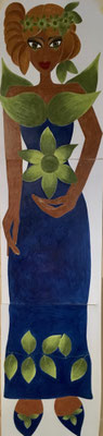 Femme de la Forêt.  Tryptique. Néopastel estompe et doigts sur papier 29,7x126 © Saëlle Knupfer