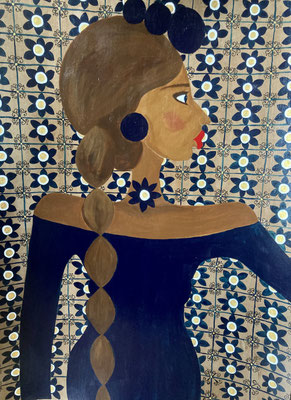 Robe bleue sur fond de tapisserie orientale. Acryl sur carton © Saëlle Knupfer 2021