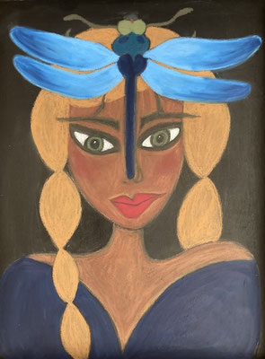 Femme-libellule,  néocolor sur bois.©SaëlleK.