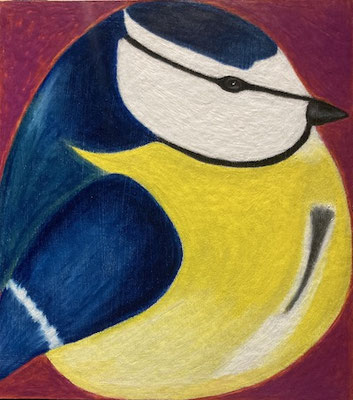 Mésange bleue, néopastel sur carton. Saëlle K.