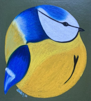 Mésange bleue. Néocolor sur carton. ©SaëlleK.