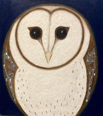 Chouette des clochers, néopastel sur carton. Saëlle K.