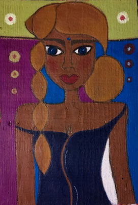 Jeune femme à la tresse, néopastel sur bois brut ©Saëlle Knupfer