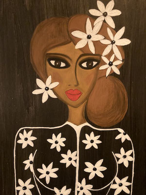 Femme aux fleurs blanches. Néocolor et acryl sur bois ©Saëlle Knupfer