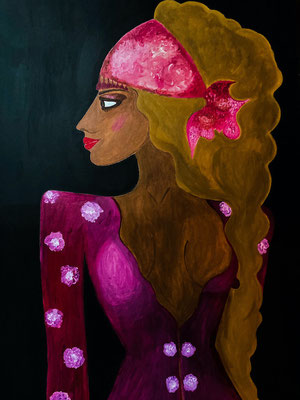 Femme à la robe rose. 80x110cm Acryl sur carton © Saëlle Knupfer 