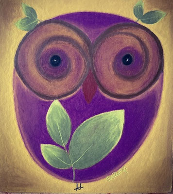 Hibou. Néocolor sur carton. ©SaëlleK.