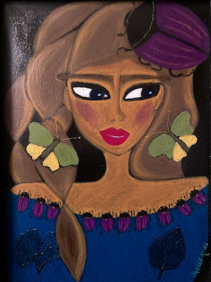 Femme aux insectes, néocolor sur bois.©SaëlleK.
