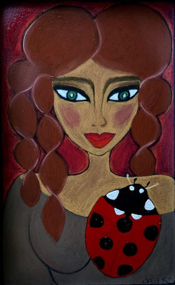 Femme à la coccinelle, néocolor sur bois.©SaëlleK.