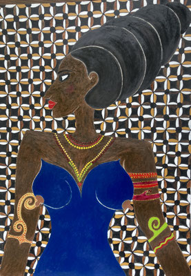 Femme malienne sur tissu Bogolan.  Acryl et néopastel sur carton © Saëlle Knupfer 2020