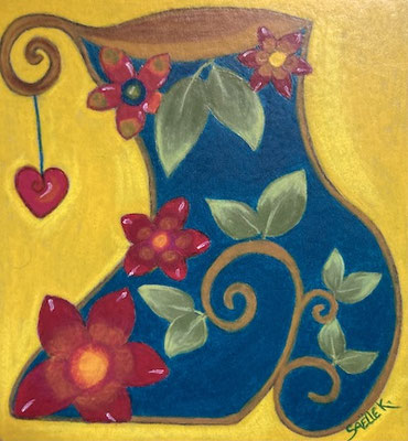 Bottine fleurie. pastel à l'huile sur carton.©SaëlleK. 