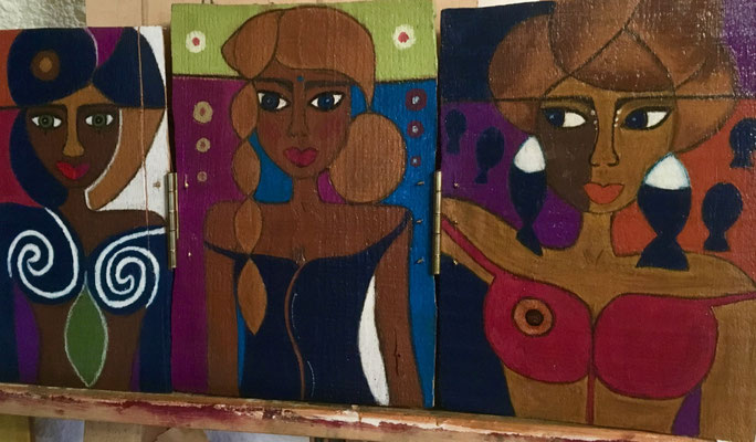 Triptyque,  néopastel sur bois brut  © Saëlle Knupfer