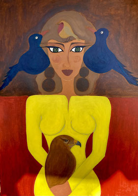 Femme aux oiseaux. Acryl sur carton © Saëlle Knupfer