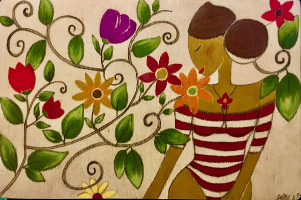 Femme aux plantes. Néopastel sur bois brut © Saëlle Knupfer