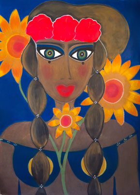 Mexicaine sur fond bleu,  néopastel sur papier ©Saëlle Knupfer