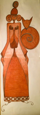 La Femme au Renard. Mine graphite et crayon sanguine sur papier. 21x60. ©Saëlle Knupfer