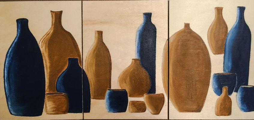 Terres cuites, triptyque. Juin 2019.  Néopastel  aux doigts sur bois © Saëlle Knupfer