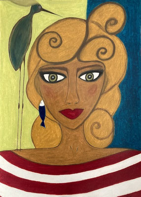 Femme à l'oiseau et poisson, né-pastel sur papier