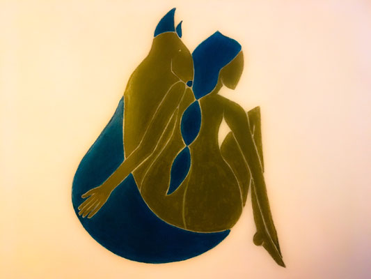 Femme Turquoise de Juin. néopastel sur papier ©Saëlle Knupfer