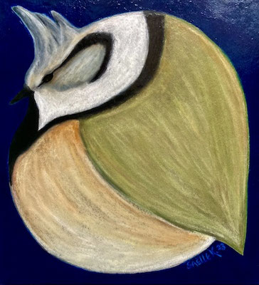 Mésange huppée. Néocolor sur carton. ©SaëlleK.