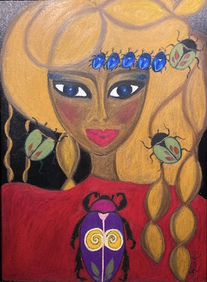 Femme aux coléoptères, néocolor sur bois.©SaëlleK.
