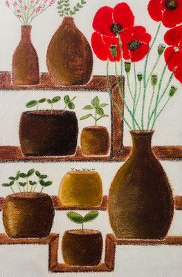 Terres cuites, printemps 2019.  Néopastel  aux doigts sur bois © Saëlle Knupfer