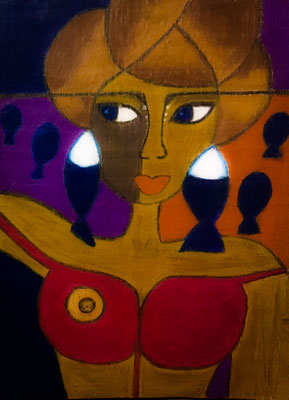 Femme au bustier rouge, néopastel sur bois brut © Saëlle Knupfer