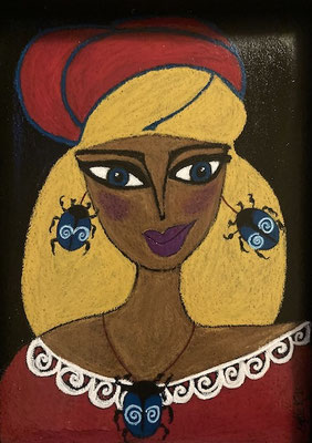 Femme aux bijoux,  néocolor sur bois.©SaëlleK.