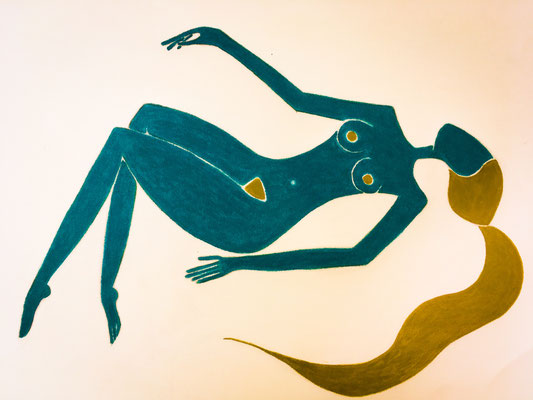 Femme Turquoise de Juin. néopastel sur papier ©Saëlle Knupfer