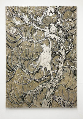 唐突の木：A tree suddenly appeared　　2025　　130.8 x 90.0 cm　　水性アルキド樹脂塗料、油絵具、木炭、キャンバス：alkyd resin, oil and charcoal on canvas
