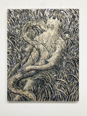 なんて柔らかな抱擁：What a Soft Embrace　　2025　　65.5 x 50.2 cm　　水性アルキド樹脂塗料、油絵具、木炭、キャンバス：alkyd resin, oil and charcoal on canvas