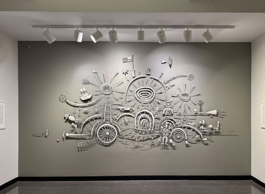 Jalopy. 2025, Acrylic on steel and paper. 7' x 15' x 7"