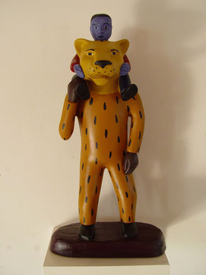 Tiger/Man/Boy, 1997, Acrylic on resin, 14x6x5”.  Part of a series of about 50 figurative sculptures made between 1996 and 2005