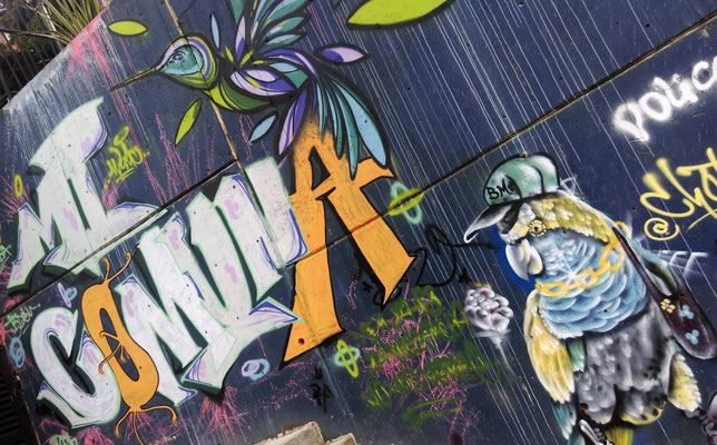 Mi Comuna - mein Viertel: Der Gangstervogel der Rapperszene: In Chotas Café & Gallery wurde ein Battle ausgetragen, das stark an eine Mischung aus Poetryslam und Improtheater erinnert. Nur gut, dass wir nicht alles verstanden haben ;)