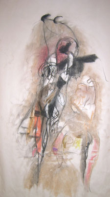 Au bout du fil, fusain, pastel et crayon de cire