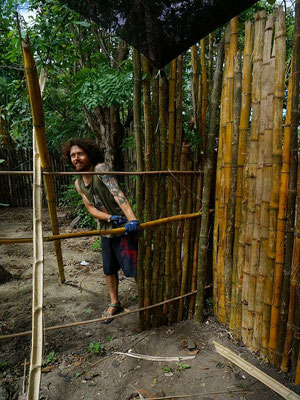 Der Bambus stellt sich als ziemlich widerspenstig heraus. Schwierig, da nicht zu grosse Lücken zu bekommen.