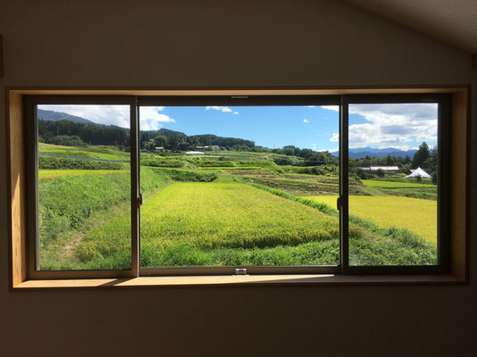 南側の景色　ゆるやかな傾斜地に広がる田園とその遠く向こうに見える森と山々