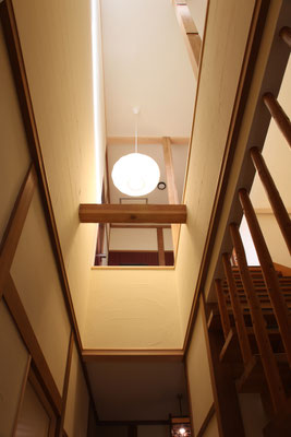 吹抜けの見上げ　もとは左側の部屋の一部だったところ