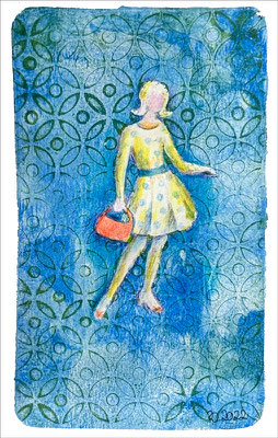 "Schick", Druck von Gelplatte, Figur mit Farbstiften nachbearbeitet, 14x9 cm, 2022