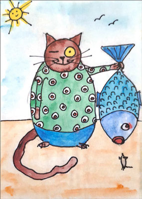 Ingrid: "Da guckste, was?", Fineliner und Aquarellfarbe auf Briefkarte (Postkartenformat)
